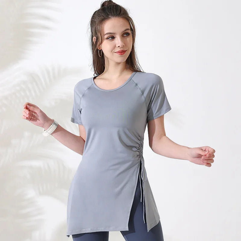 Women's Breathable Short Sleeve Workout Top with Side Drawstring - Perfect for Yoga & Gym - PeakImpact Sports