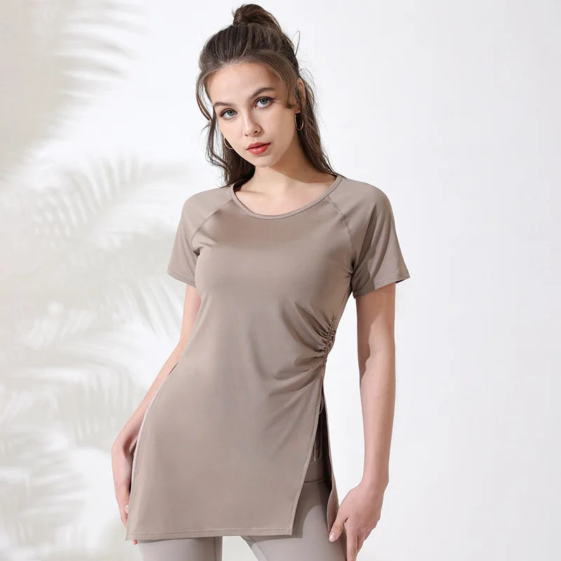 Women's Breathable Short Sleeve Workout Top with Side Drawstring - Perfect for Yoga & Gym - PeakImpact Sports