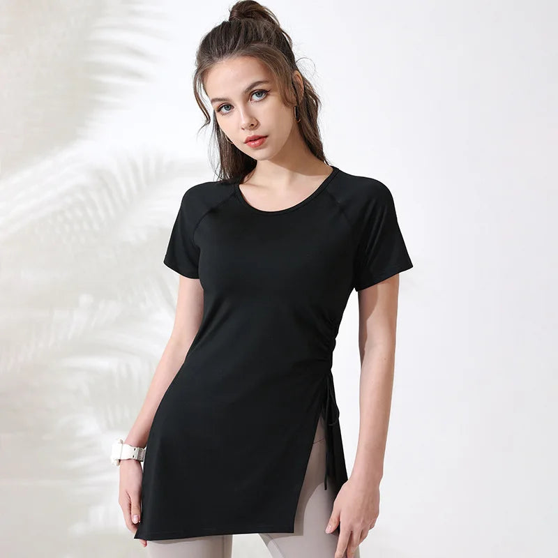 Women's Breathable Short Sleeve Workout Top with Side Drawstring - Perfect for Yoga & Gym - PeakImpact Sports