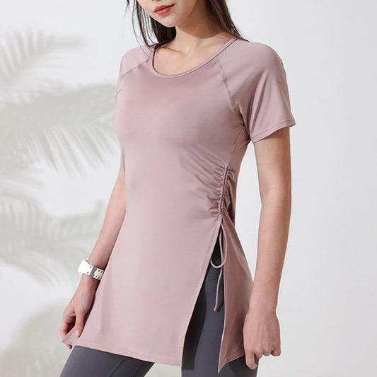 Women's Breathable Short Sleeve Workout Top with Side Drawstring - Perfect for Yoga & Gym - PeakImpact Sports